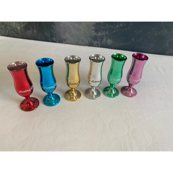 RARE Royal Caribbean "Loving Cup" Set of 6 Metallic Stemmed Shot Glasses w/ Box - Picture 2 of 5